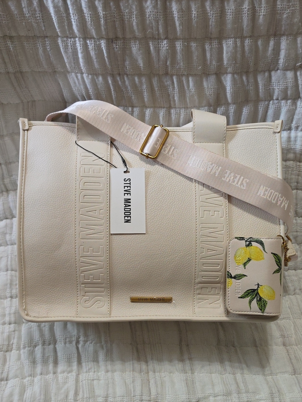 Steve Madden Cream Tote with Lemon Cardholder and Logo Strap